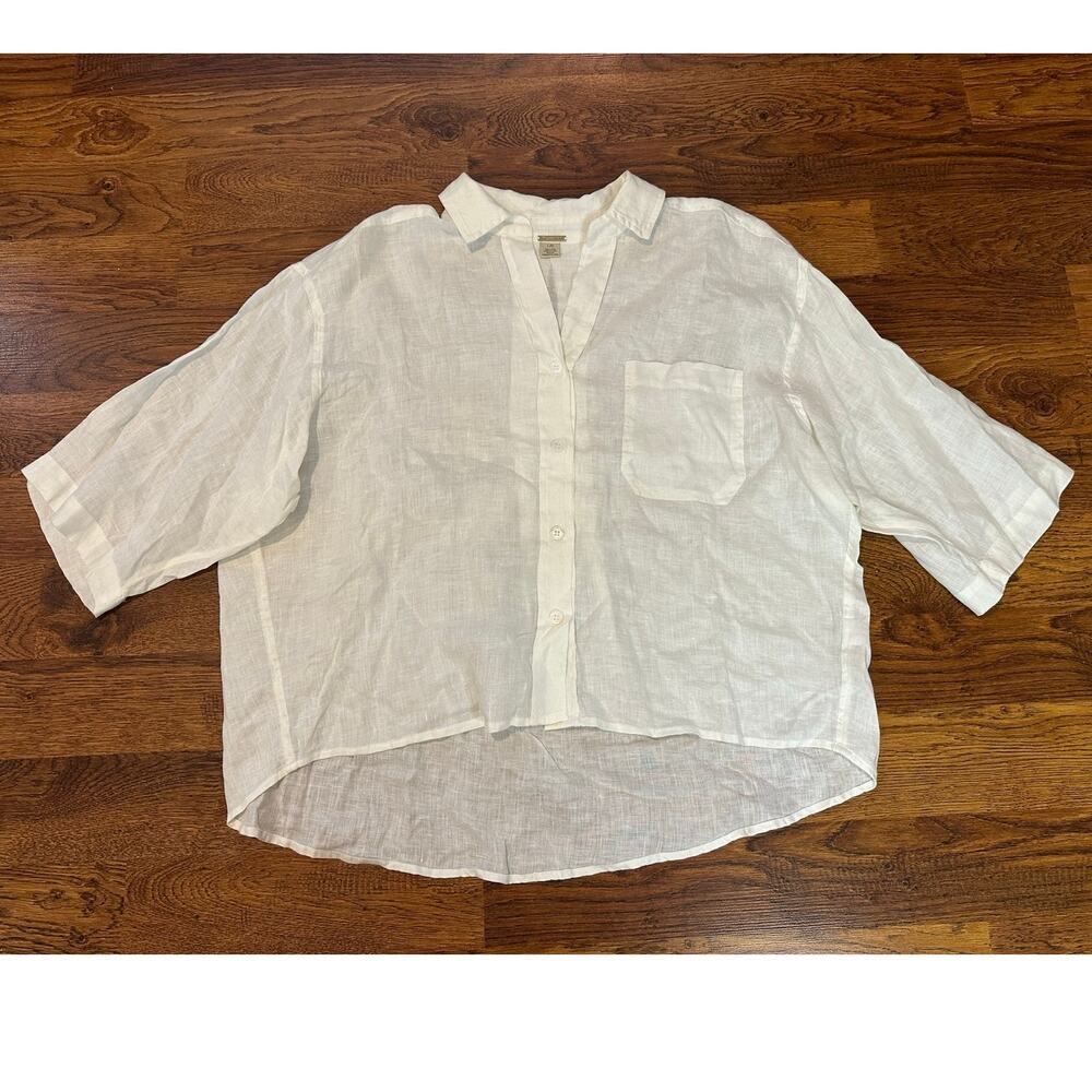 Magaschoni 100% Linen Oversized Short Sleeve Button-Up Top Women's Large White